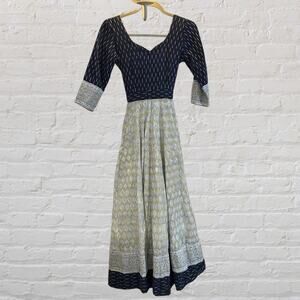 Vintage Indian Block Print Cotton Maxi Dress Cottagecore Prairie, Mint Condition